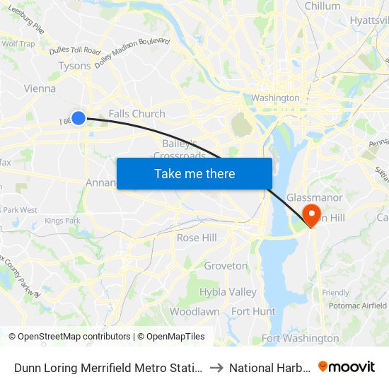 Dunn Loring Merrifield Metro Station to National Harbor map