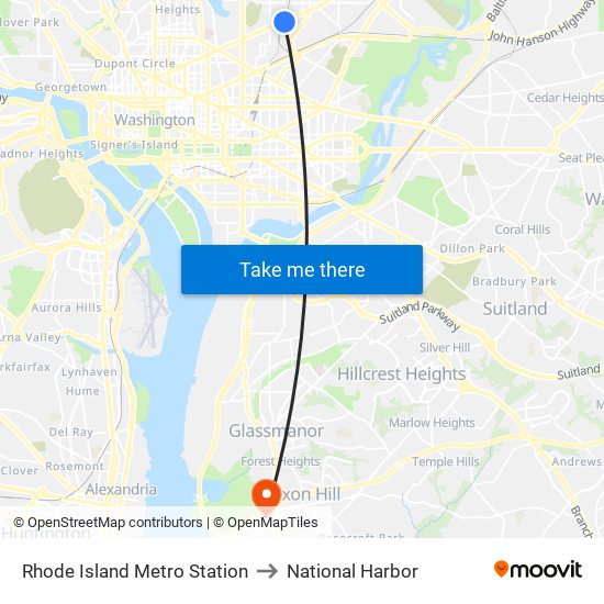 Rhode Island Metro Station to National Harbor map