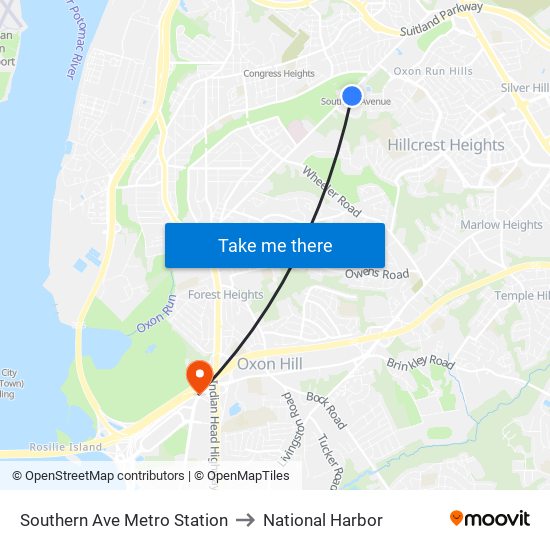 Southern Ave Metro Station to National Harbor map