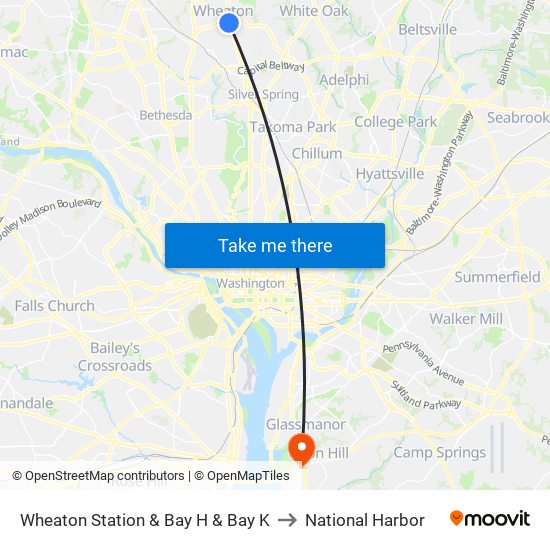 Wheaton Station  & Bay H & Bay K to National Harbor map