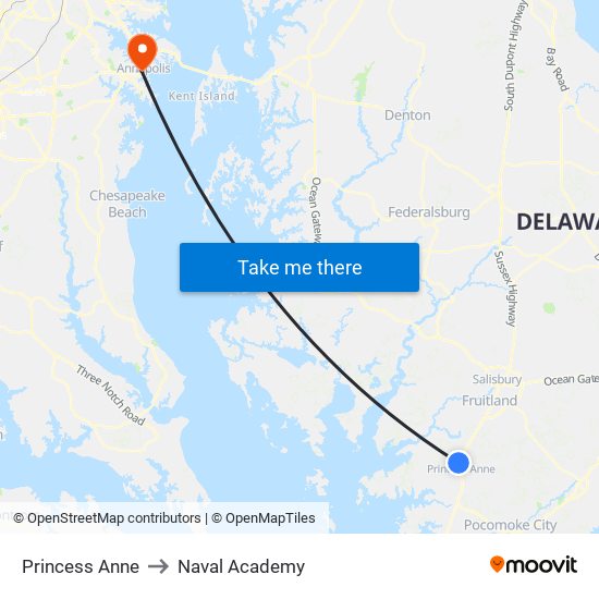 Princess Anne to Naval Academy map