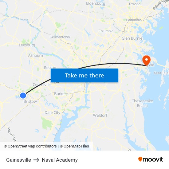 Gainesville to Naval Academy map