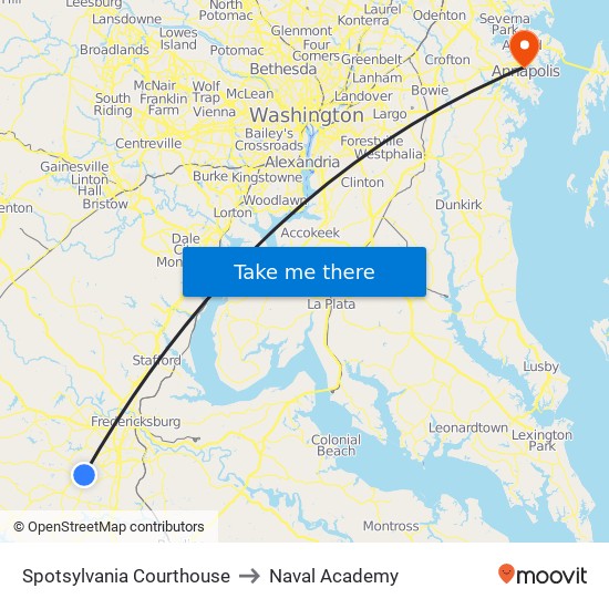 Spotsylvania Courthouse to Naval Academy map