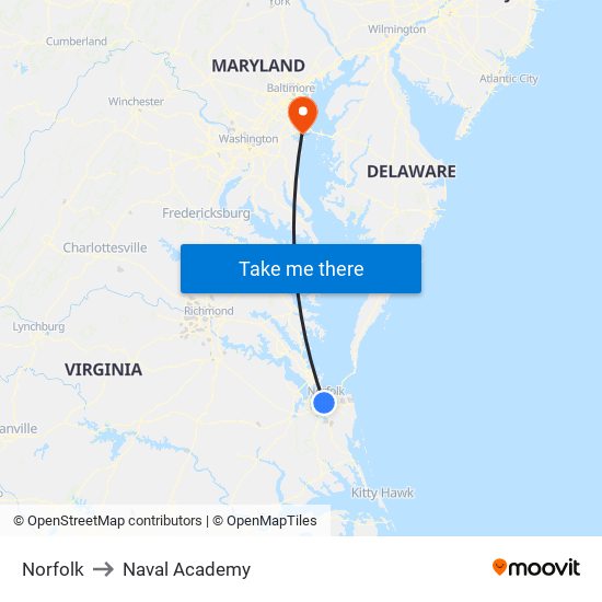 Norfolk to Naval Academy map