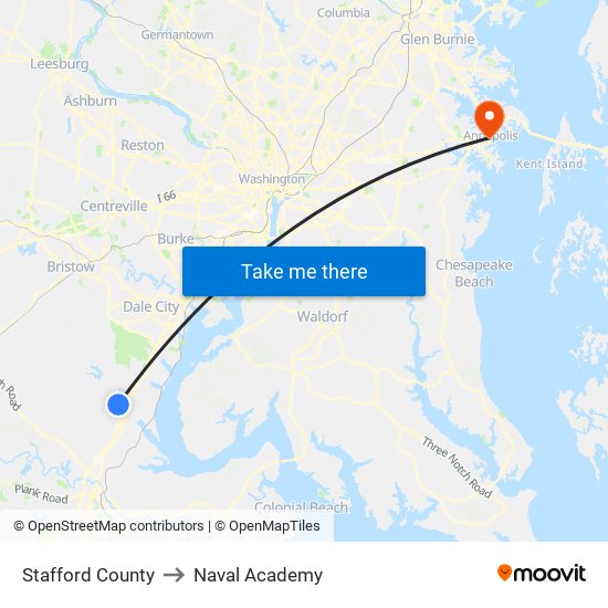 Stafford County to Naval Academy map