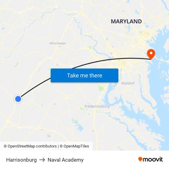 Harrisonburg to Naval Academy map