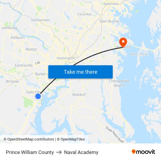 Prince William County to Naval Academy map