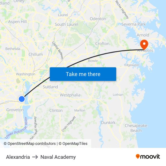 Alexandria to Naval Academy map