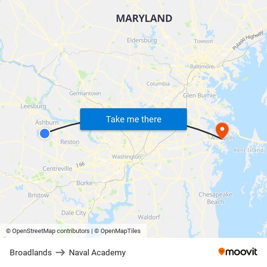 Broadlands to Naval Academy map