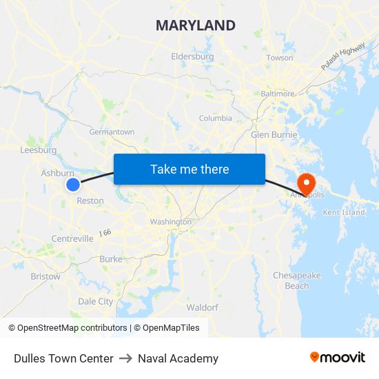 Dulles Town Center to Naval Academy map