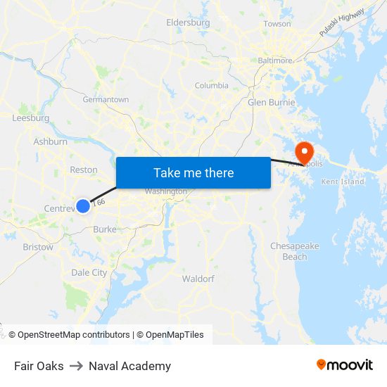 Fair Oaks to Naval Academy map