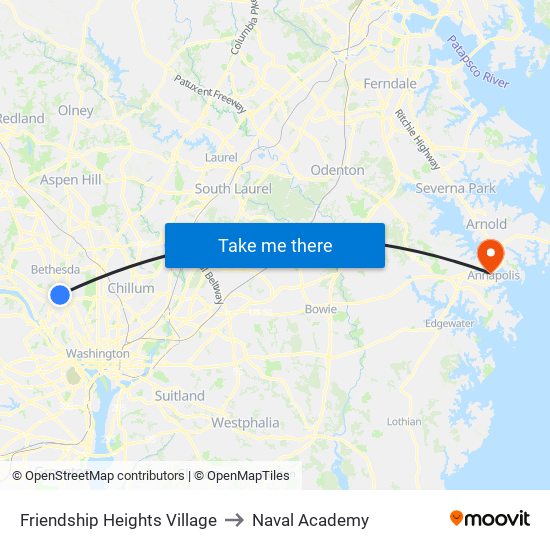 Friendship Heights Village to Naval Academy map