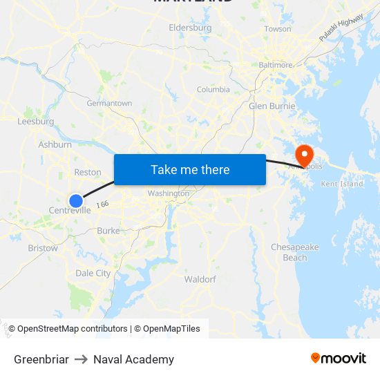 Greenbriar to Naval Academy map