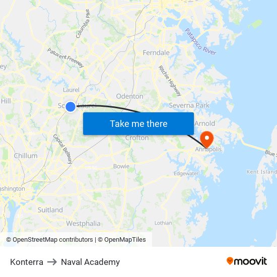 Konterra to Naval Academy map