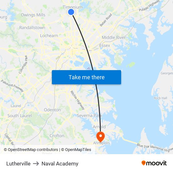 Lutherville to Naval Academy map