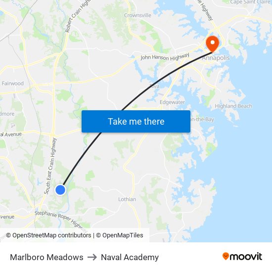 Marlboro Meadows to Naval Academy map