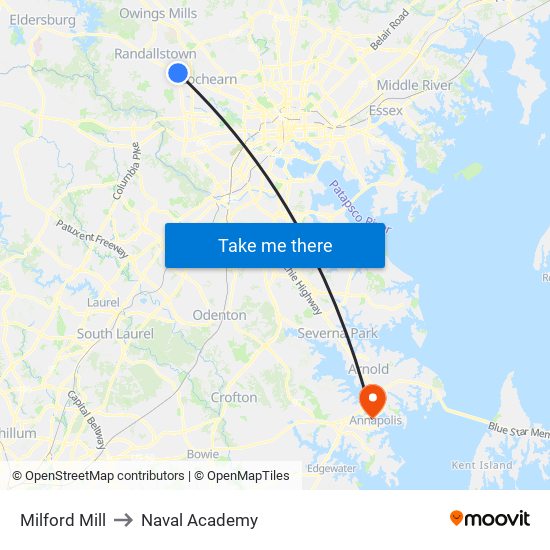 Milford Mill to Naval Academy map