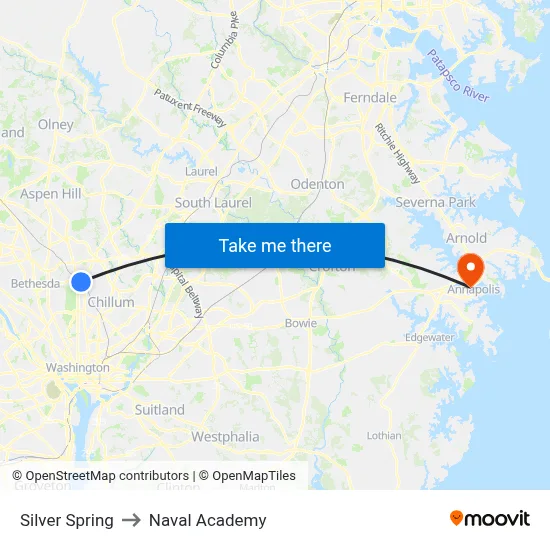 Silver Spring to Naval Academy map