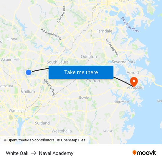 White Oak to Naval Academy map