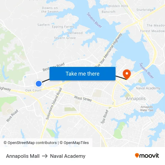 Annapolis Mall to Naval Academy map