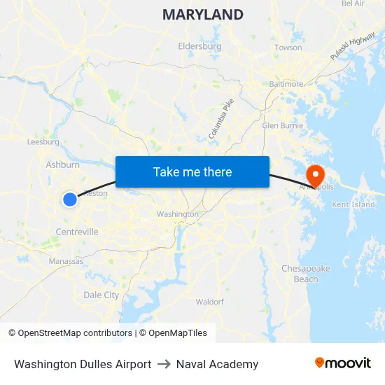Washington Dulles Airport to Naval Academy map