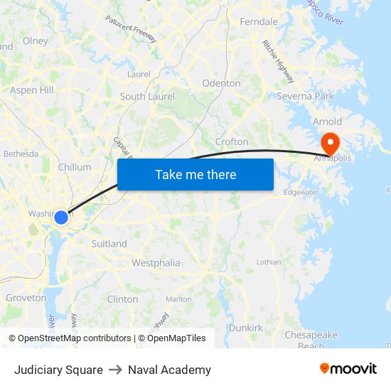 Judiciary Square to Naval Academy map