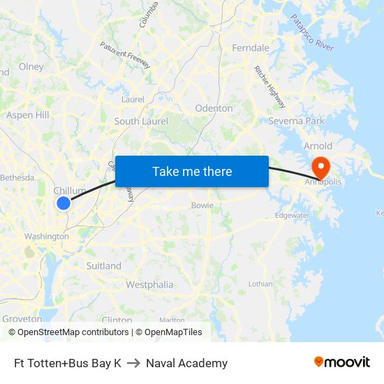 Fort Totten+Bay K to Naval Academy map