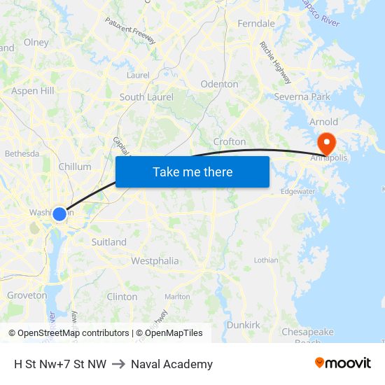 H St Nw+7 St NW to Naval Academy map