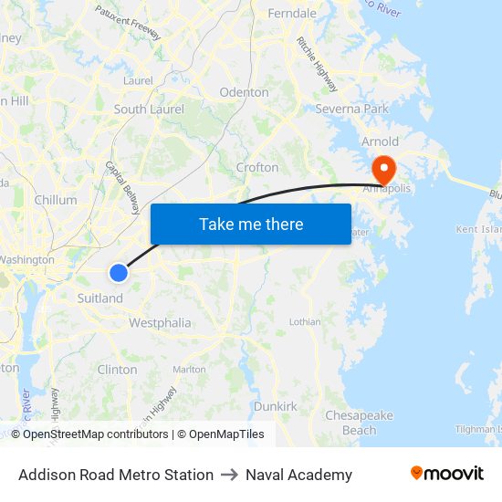 Addison Road Metro Station to Naval Academy map