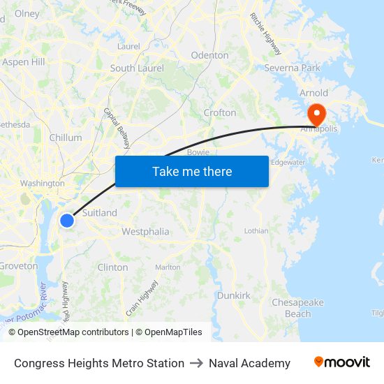 Congress Heights Metro Station to Naval Academy map