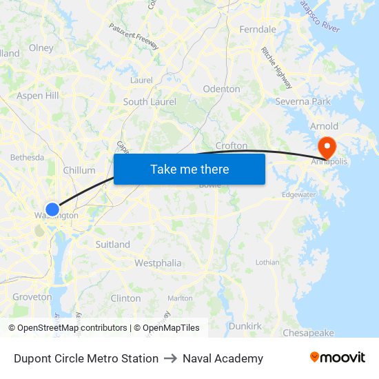 Dupont Circle Metro Station to Naval Academy map