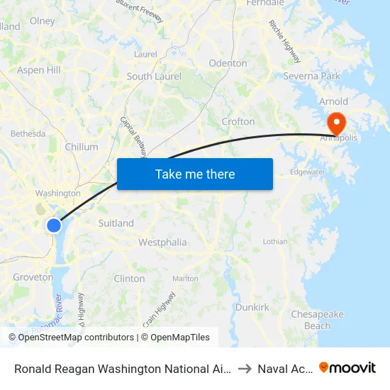 Ronald Reagan Washington National Airport Metrorail Station to Naval Academy map