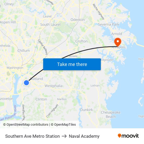 Southern Ave Metro Station to Naval Academy map