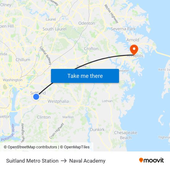 Suitland Metro Station to Naval Academy map