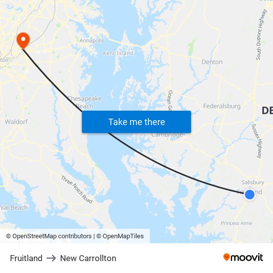 Fruitland to New Carrollton map