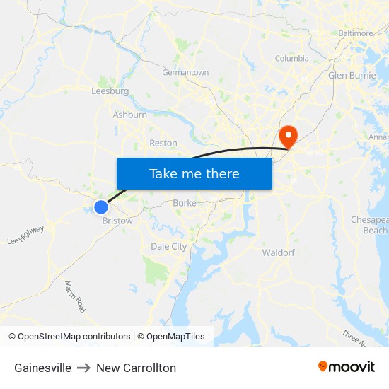 Gainesville to New Carrollton map