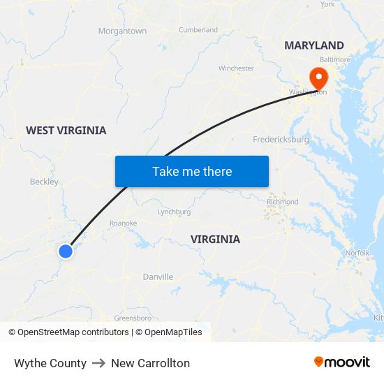 Wythe County to New Carrollton map