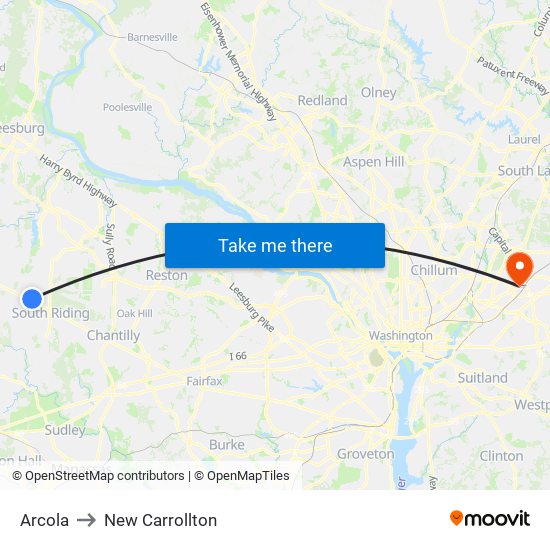 Arcola to New Carrollton map
