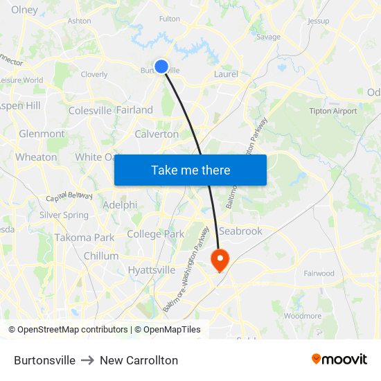 Burtonsville to New Carrollton map