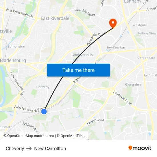 Cheverly to New Carrollton map
