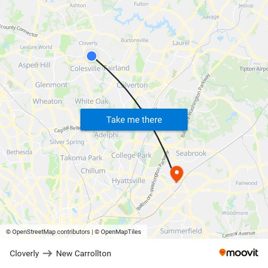 Cloverly to New Carrollton map