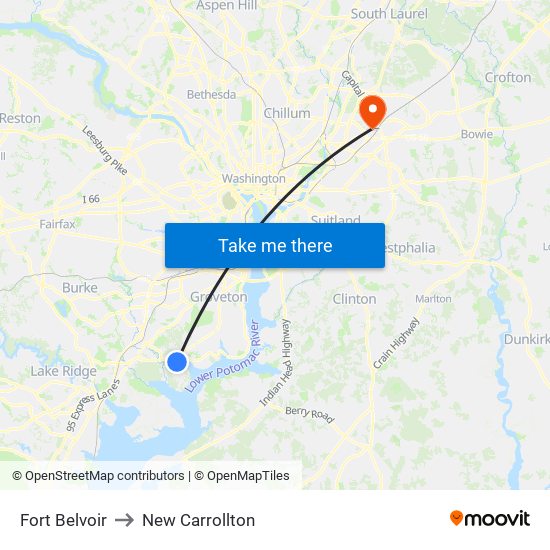 Fort Belvoir to New Carrollton map