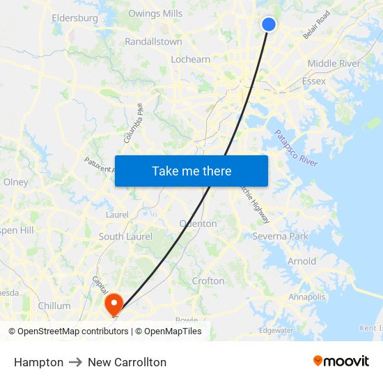 Hampton to New Carrollton map