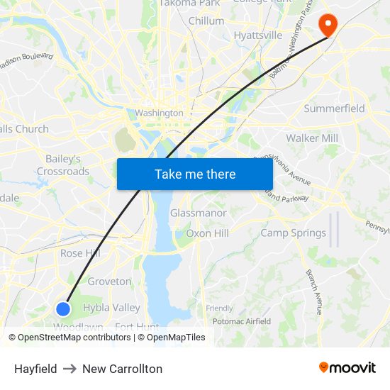 Hayfield to New Carrollton map