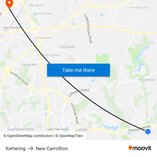 Kettering to New Carrollton map