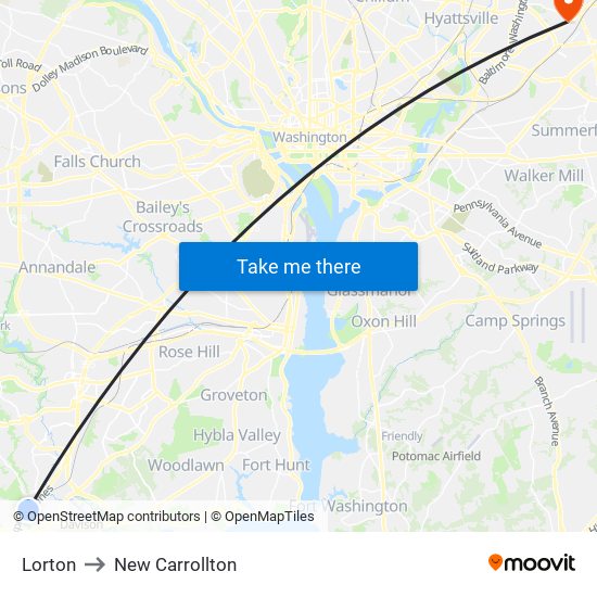 Lorton to New Carrollton map