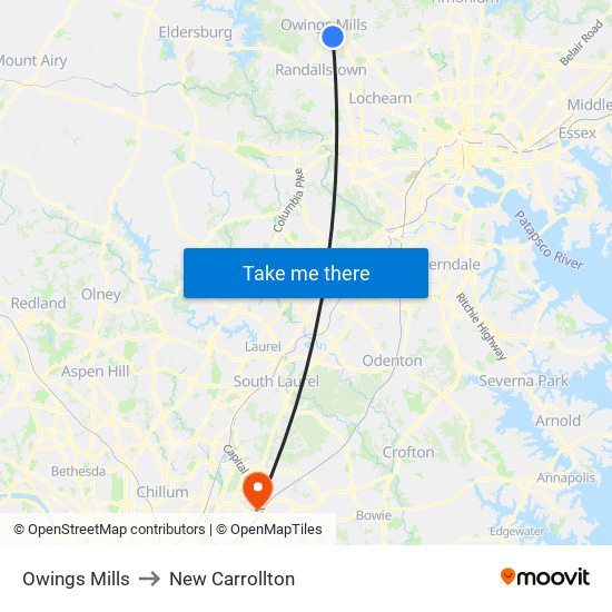 Owings Mills to New Carrollton map