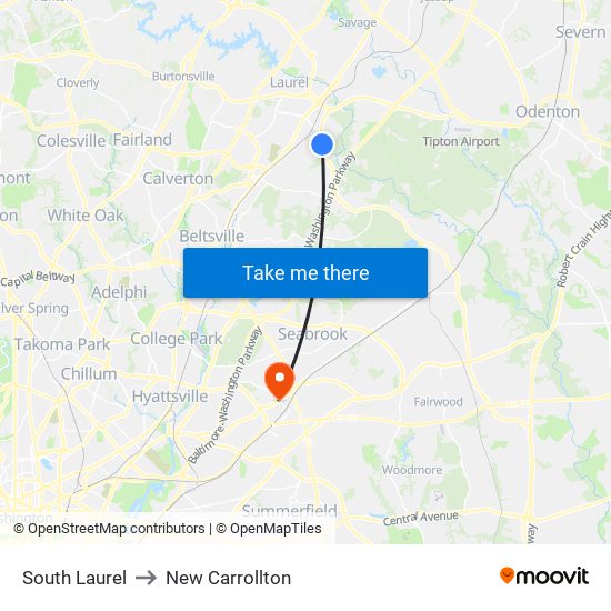 South Laurel to New Carrollton map