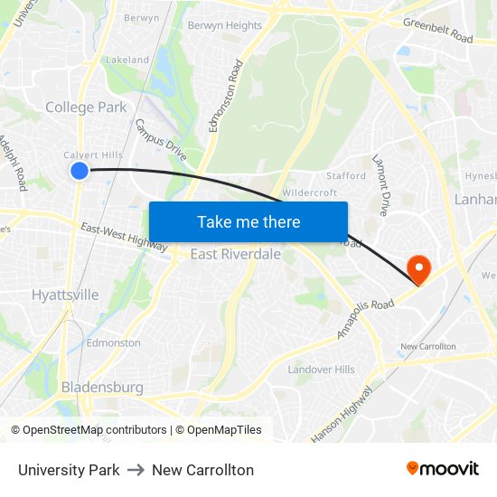 University Park to New Carrollton map