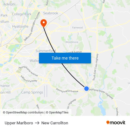 Upper Marlboro to New Carrollton map